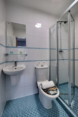 Une salle de bain équipée d’un lavabo, de toilettes et d’une douche à parois en verre.