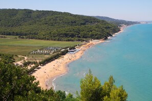 A coastal beach with a long stretch of sandy shore, a row of beach umbrellas, and a line of beach huts. - Baia Calenella (Vico del Gargano)