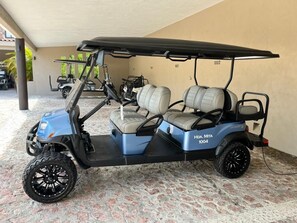 Ein Golfmobil mit zwei Sitzen, mit dem Aufdruck "HDA. Mita 1004", parkt unter einem Vordach.
