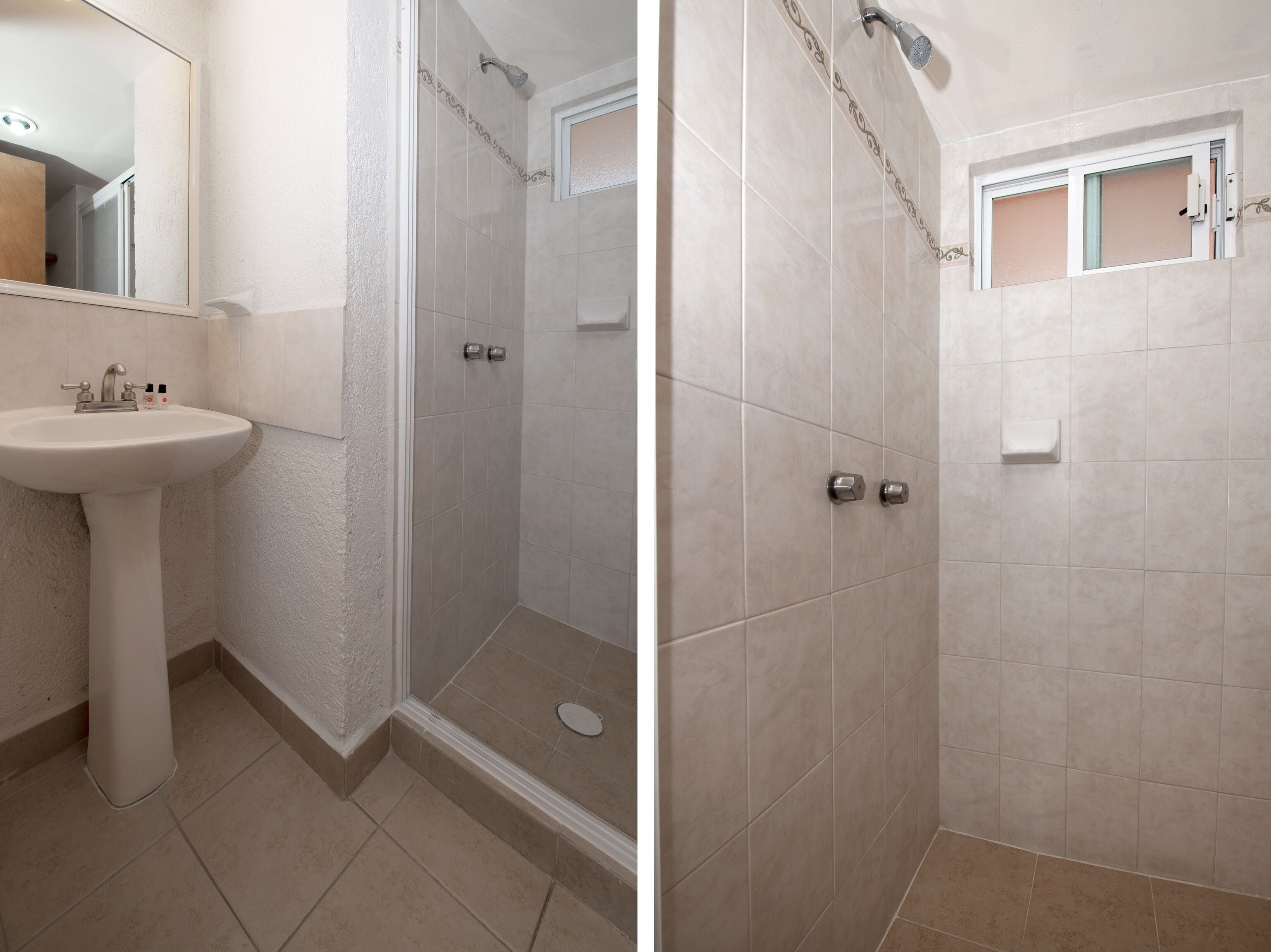 Une salle de bain avec un lavabo, une douche et des toilettes.