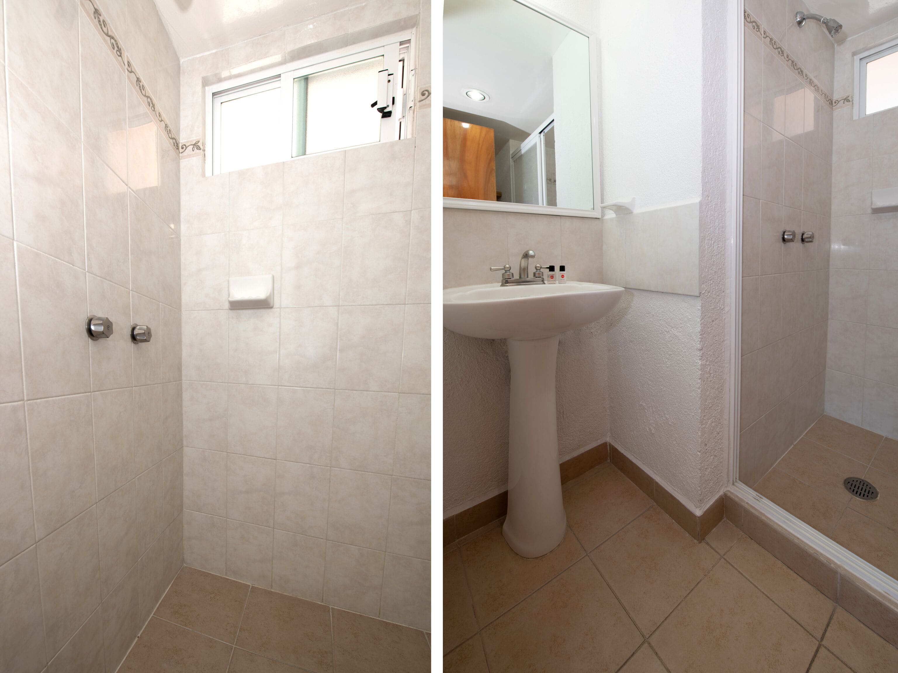A bathroom with a shower, sink, and mirror.