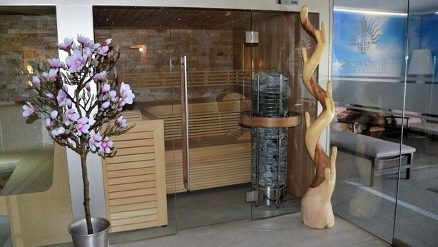 A spa area with a massage chair, a water feature, and a decorative tree. - Hotel Monte Cristo (Hoeselt)