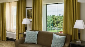 A hotel room with a brown sofa, two patterned pillows, a side table with a lamp, and a large window offering a view of a park and buildings. - Candlewood Suites Orlando - Lake Buena Vista by IHG (Orlando)