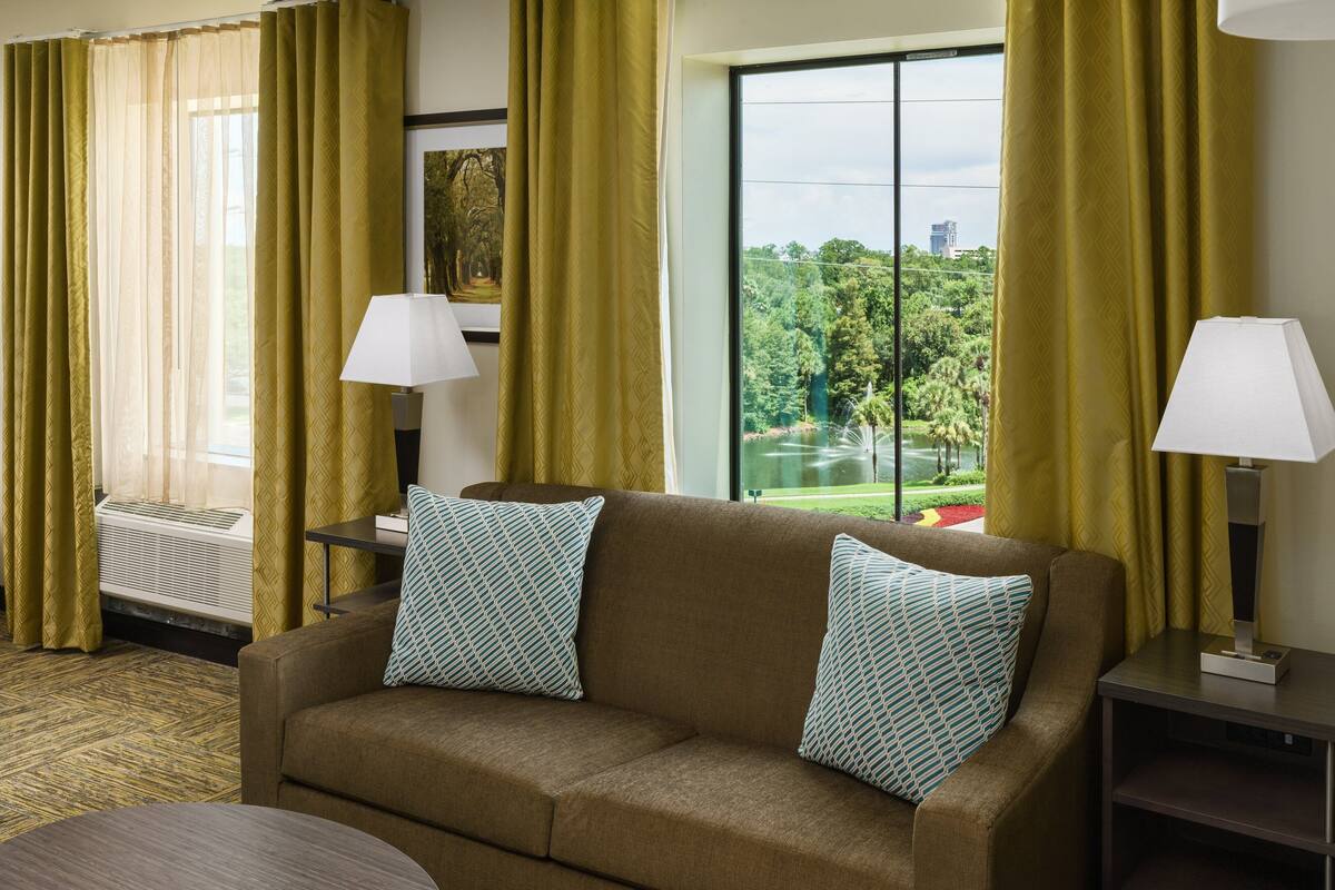 Une chambre d’hôtel avec un canapé marron, deux coussins à motifs, une table d’appoint avec une lampe, et une grande fenêtre donnant sur un parc et des immeubles.