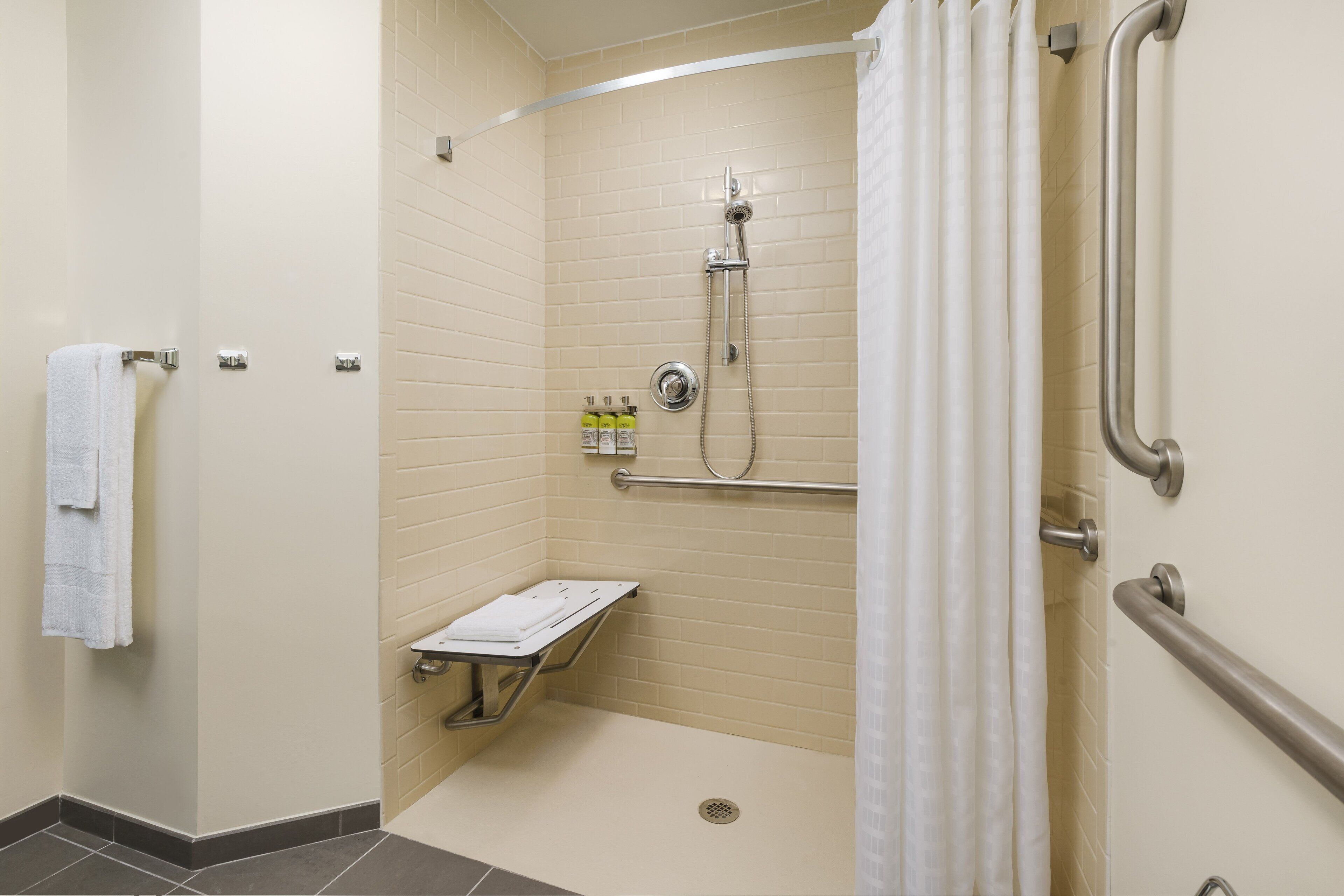 room, 1 queen bed, accessible, non smoking (roll-in shower) | bathroom | hair dryer, towels, soap, shampoo