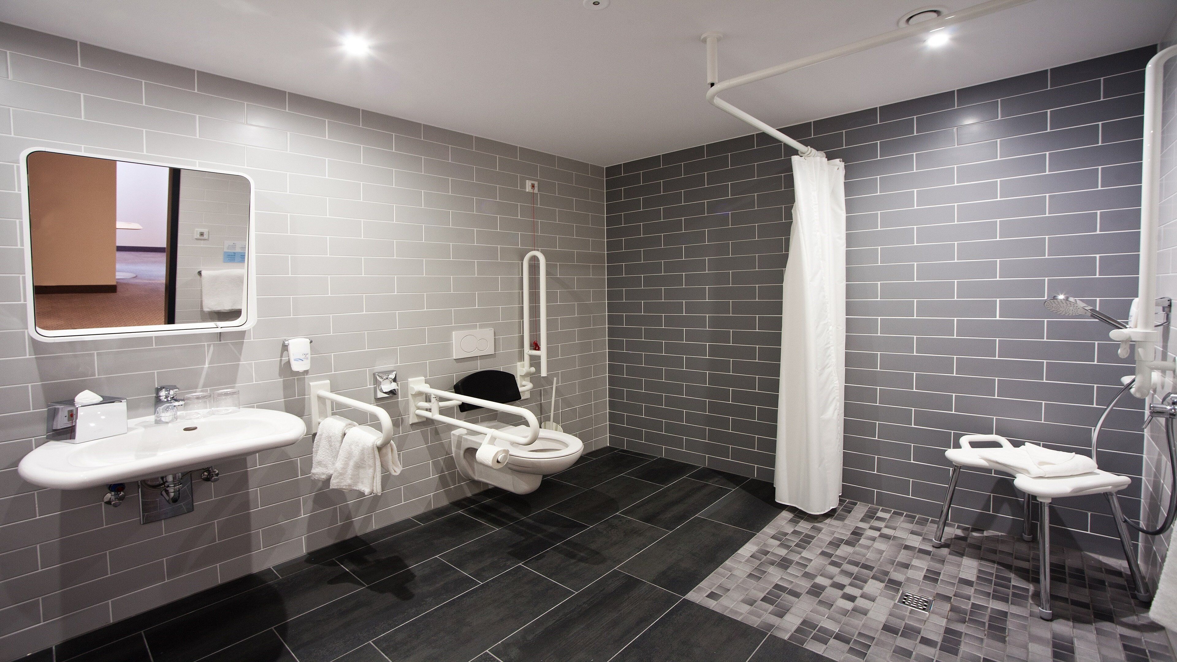 standard room, 1 double bed, accessible | bathroom | shower, hair dryer, towels