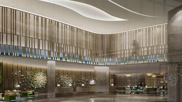 A modern lobby with a curved ceiling, vertical wooden panels, and a green wall with plants. - Holiday Inn Xining Hot-Spring by IHG (Xining)