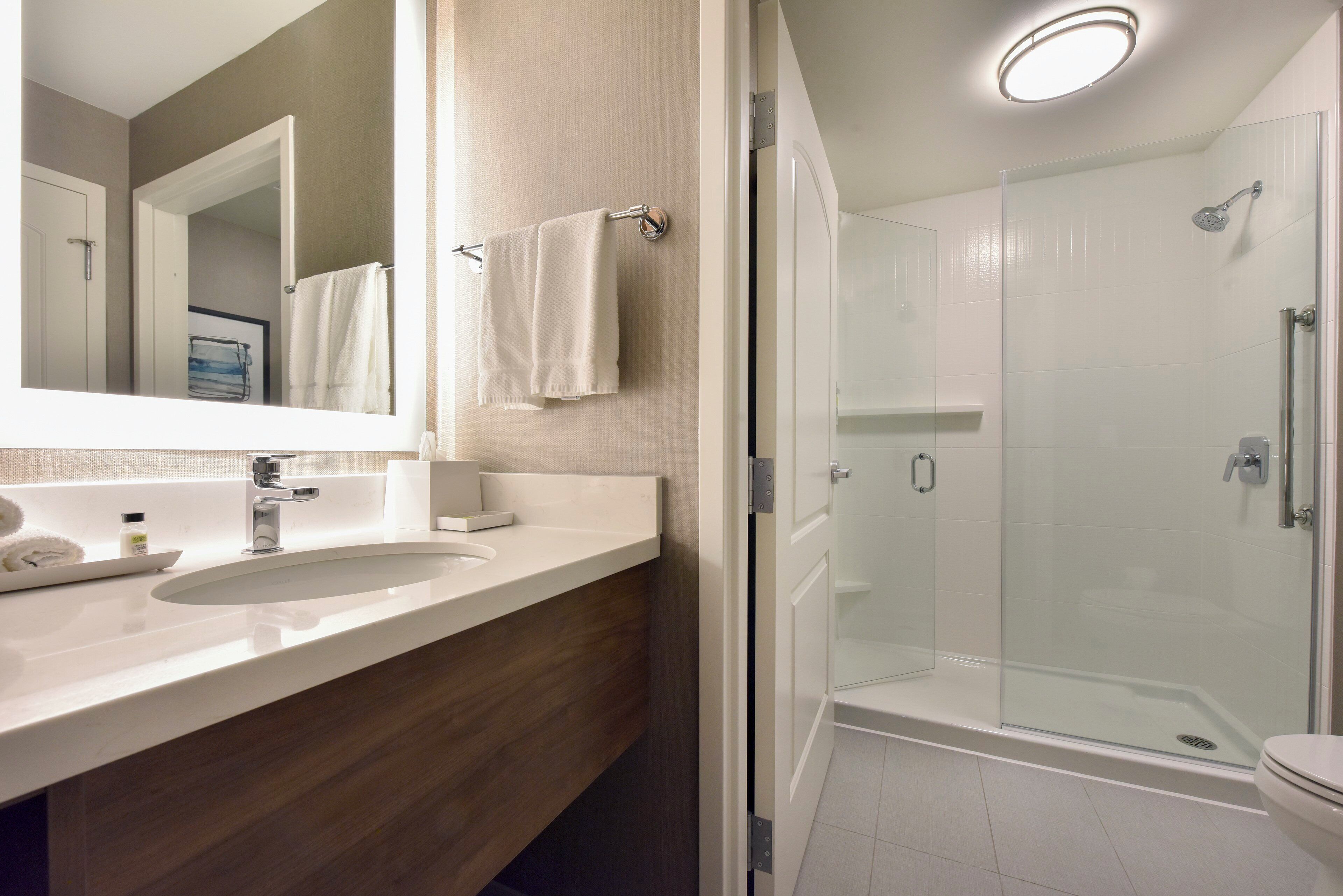 A modern bathroom with a large mirror, a sink, a glass shower enclosure, and a toilet.