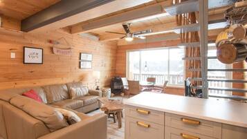 Télévision, cheminée, lecteur de DVD, espaces bureaux