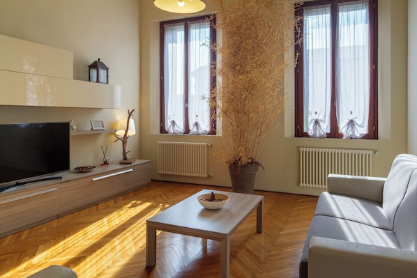 A modern living room with a flat-screen TV, a sofa, a coffee table, and a potted plant.