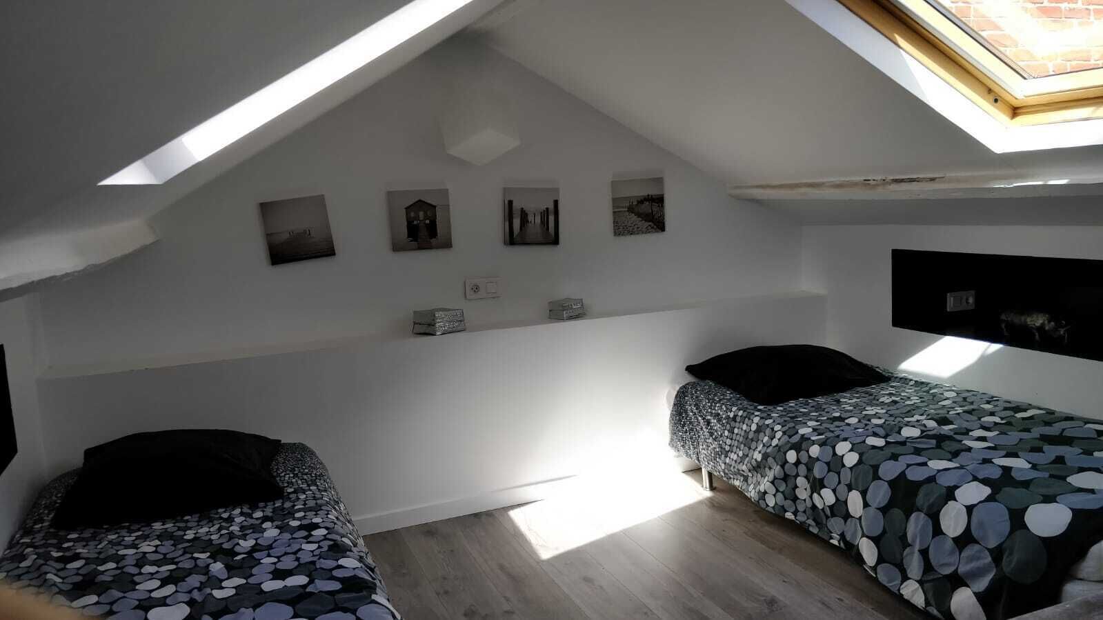 Een studentenkamer met twee bedden, een dakraam en kunstwerken aan de muur.