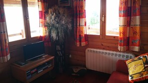 A cozy room with a wooden interior, a television on a wooden stand, a radiator, and a red sofa with a giraffe-patterned pillow.