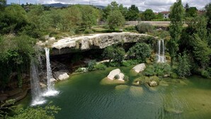 A natural landscape with a waterfall, a pond, and surrounding greenery.