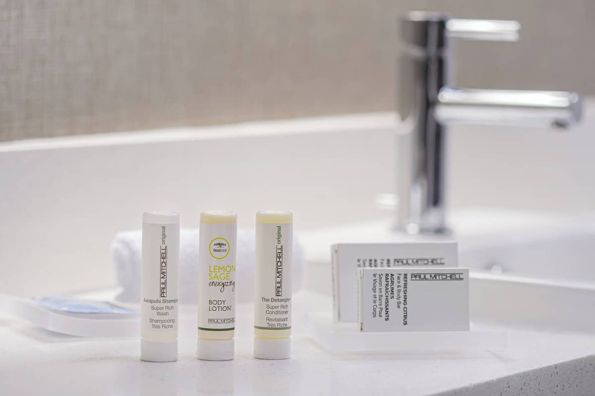 free toiletries, hair dryer, towels