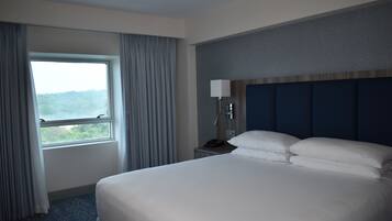 A hotel room with a large bed, a nightstand with a lamp, and a window with curtains.