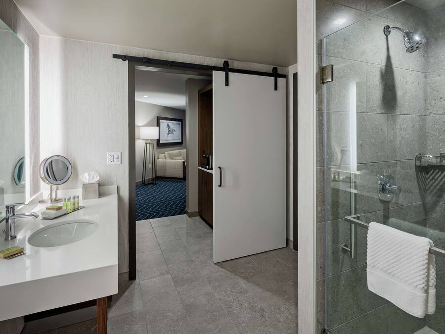 A modern bathroom with a glass shower enclosure, a white sink with a mirror, and a door leading to a bedroom.