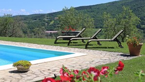 Un espace piscine avec des chaises longues et un chemin en pierre.