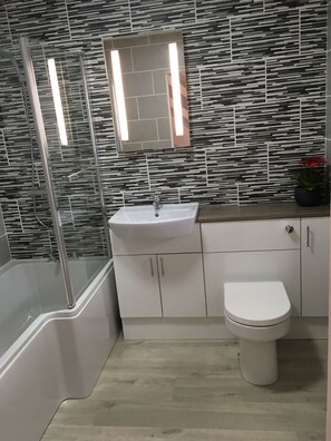 Combined shower/bathtub, hair dryer, towels, soap