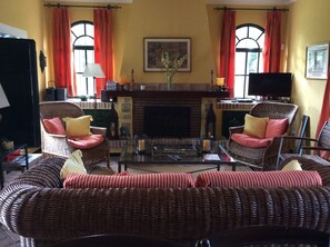 TV, fireplace, books, music library