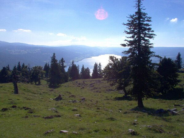 A grassy hillside with a lake and mountains in the distance.