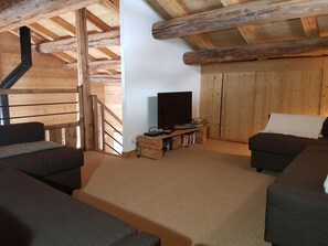 Una televisión, una chimenea, un reproductor de DVD, libros