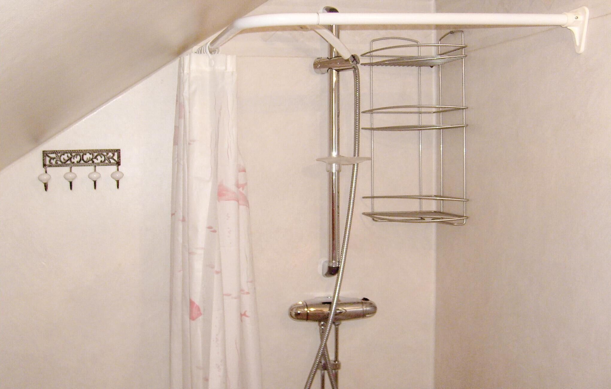 Une douche équipée d’une étagère en métal et d’un porte-serviettes fixé au mur.