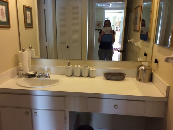 Combined shower/bathtub, hair dryer, towels, soap