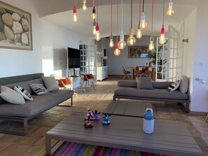 Smart TV, fireplace, table football, books