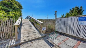 Ein Holzsteg führt zu einem Strandabschnitt, wo Schilder 'PARKING PASS REQUIRED' und 'REEFS V UNASSIGNED PARKING' stehen.
