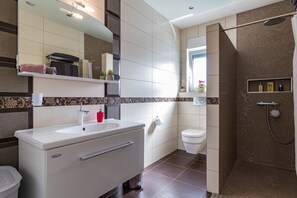 Shower, hair dryer, towels, toilet paper