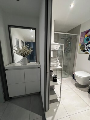 Shower, hair dryer, towels, soap