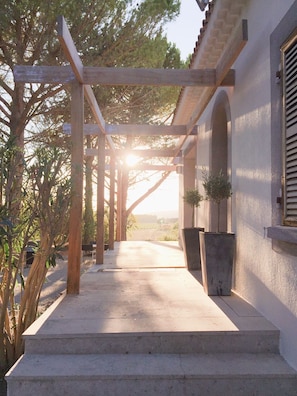 Un espacio al aire libre cubierto con una pérgola de madera, escalones que conducen a un edificio y plantas en macetas.