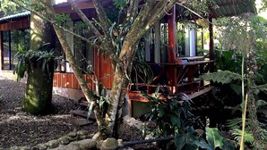 Ein Baumhaus mit einer Holzplattform und Treppe, umgeben von üppiger Vegetation und einem Gebäude mit Wellblechdach im Hintergrund.