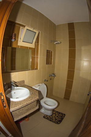 Chuveiro, toalhas de banho, sabonete, papel higiênico