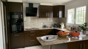 A modern kitchen with dark cabinetry, a Bosch refrigerator, a marble countertop, and a window with a view of greenery. - Beautifull villa, 3,360 sq.m garden; only 1 km away from the Saint-Endréol golf club (La Motte)