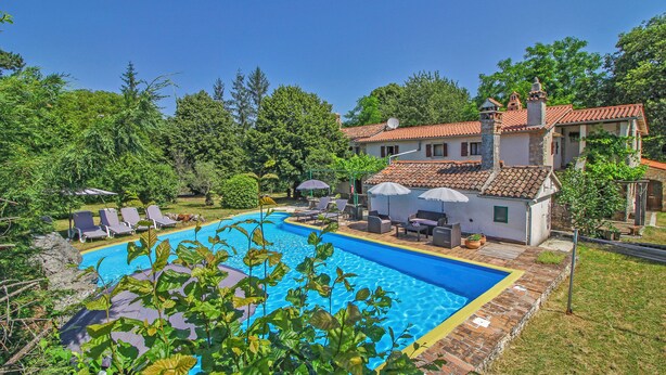 A swimming pool with lounge chairs and umbrellas, surrounded by greenery and a house with a tiled roof. - Holiday house Filip * large plot with garden, private pool, free WiFi (Nedescina)