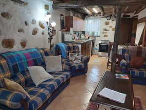 A cozy living room with a blue plaid sofa, a coffee table with papers, and a kitchen in the background.