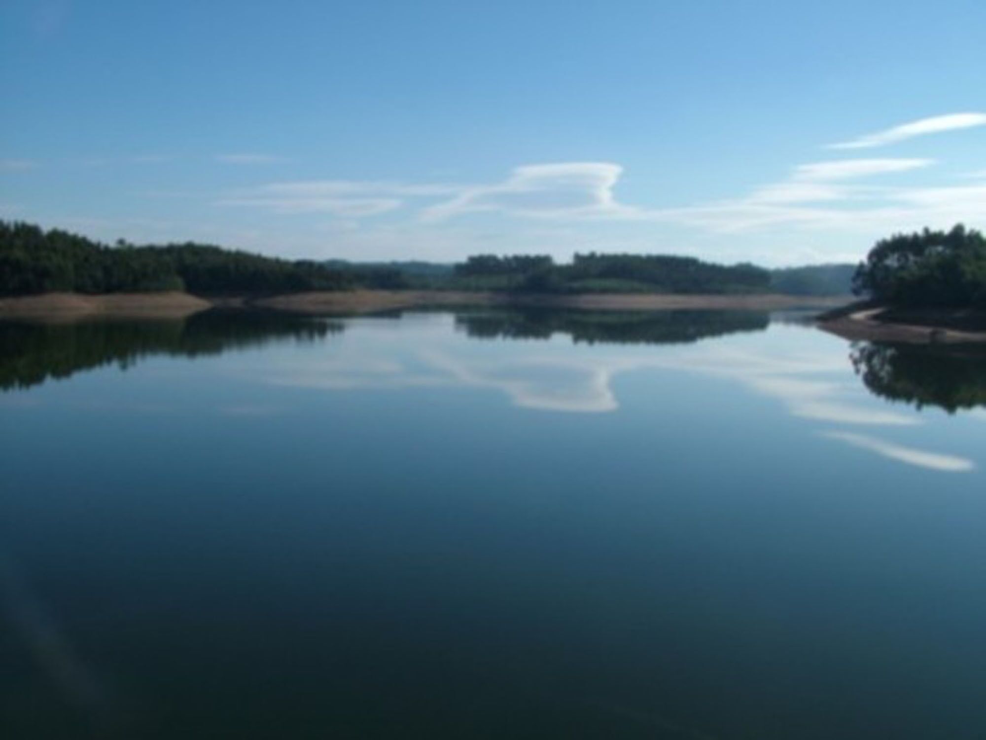 Ein ruhiger See mit deutlicher Spiegelung des Himmels und der umliegenden Bäume.