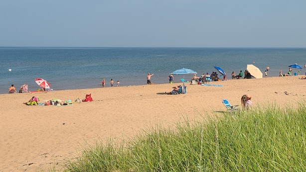 Ein Strand mit Menschen, die sich sonnen, spazieren gehen und spielen.
