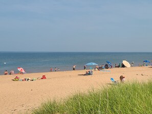 En strand med folk, der solbader, går en tur og leger.