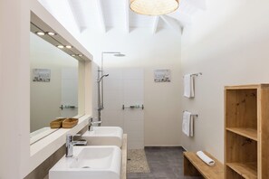 Shower, hair dryer, towels, toilet paper