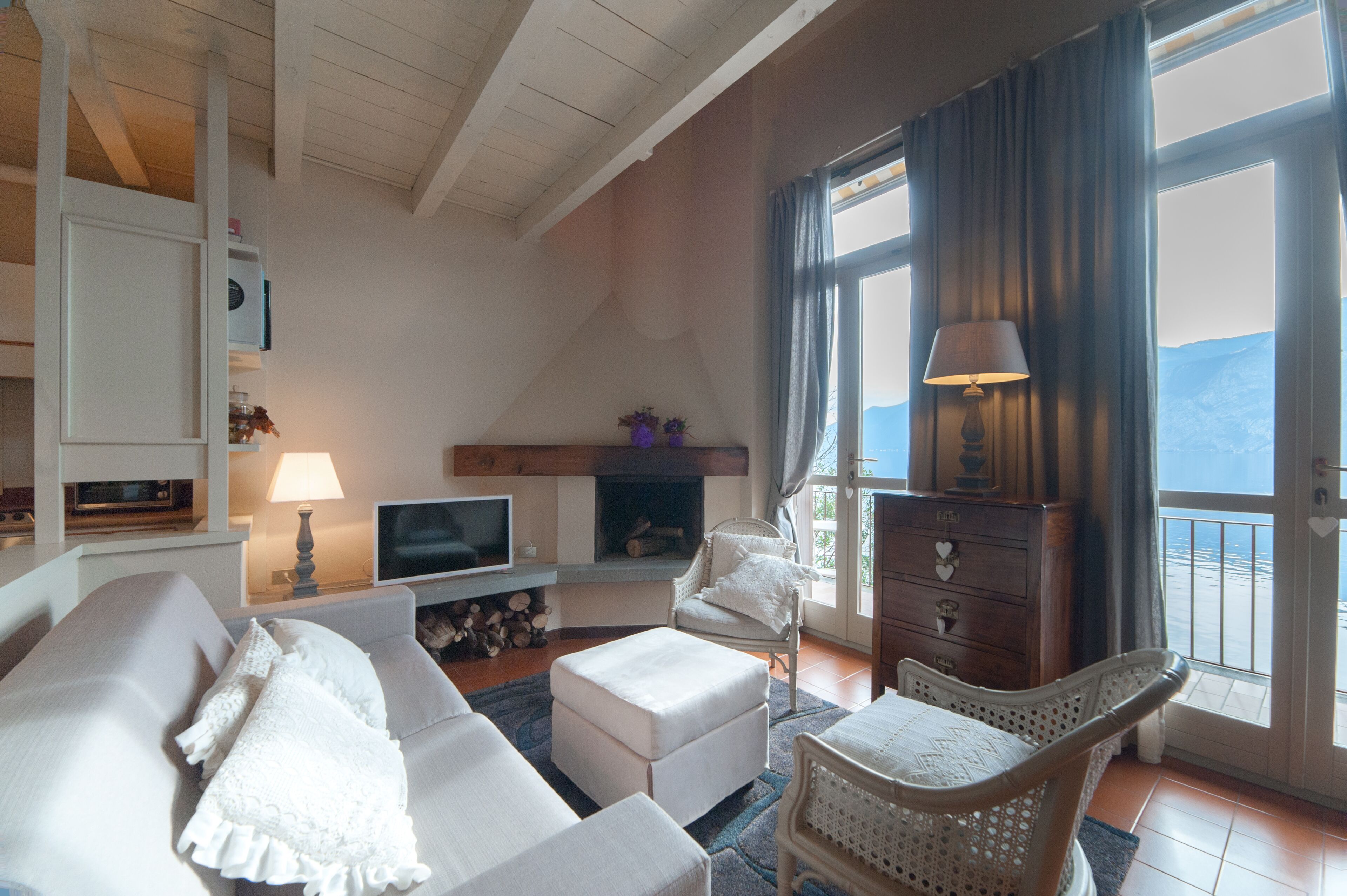 Televisión, chimenea y libros 