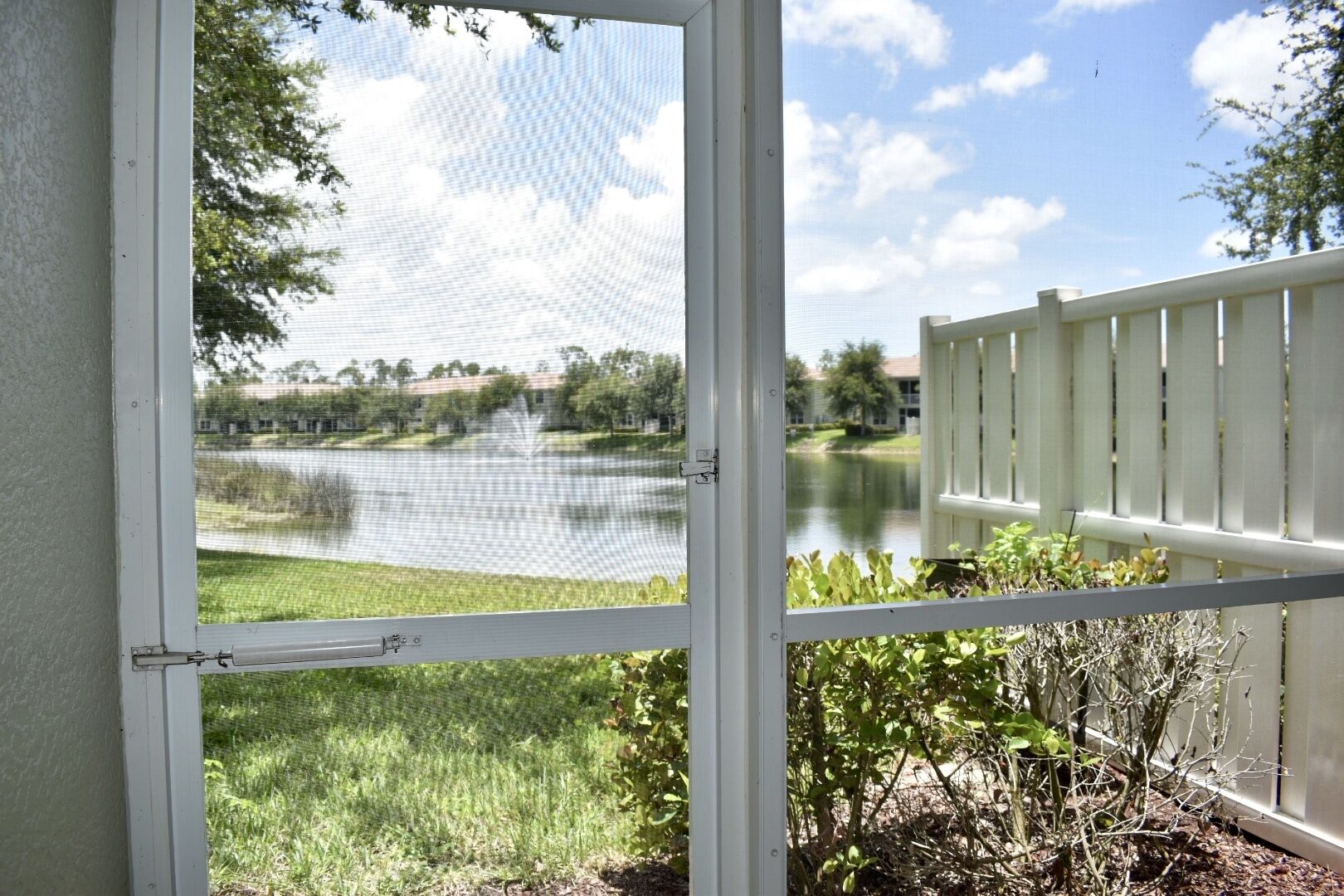 A view through a screened door to a lake with a fence and greenery.