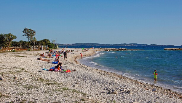 Een kiezelstrand met mensen die zonnebaden en zwemmen, omringd door bomen en een helderblauwe lucht.