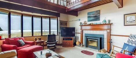 Fernseher, Kamin, DVD-Player, Bücher