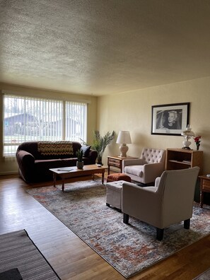 Smart-TV, peis, DVD-spiller og bøker