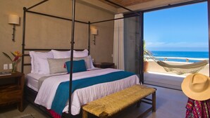 A four-poster bed with a view of the ocean. - 5 Star Luxe, Ocean Views, Walk to Beach & Village, Full Staff, 8-10 BR Rates (Sayulita)