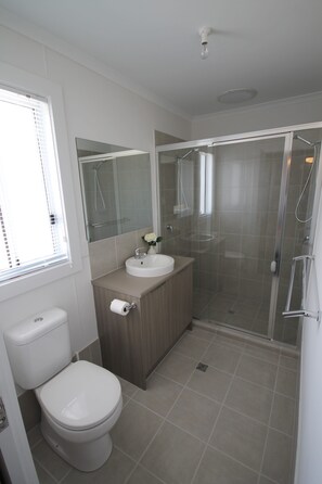 Shower, hair dryer, towels, toilet paper