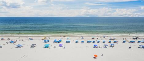 A beach with numerous umbrellas and sun loungers, a sandy shore, and the ocean in the background.