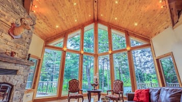 Smart TV, fireplace, video games, DVD player